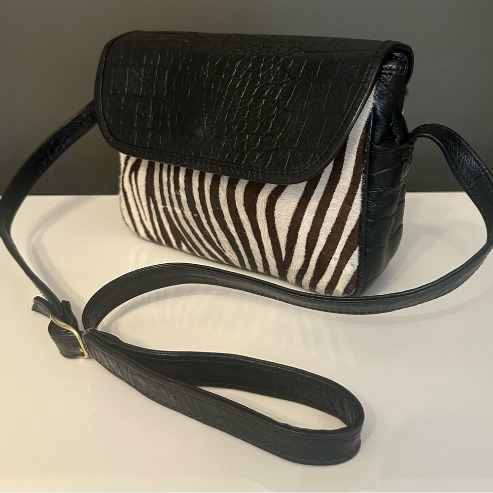 Vtg Saks Calf Hair Leather Bag Pony Zebra Print Brown White Italy Y2K Crossbody
